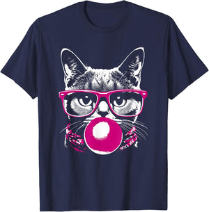 Cat in Pink Glasses Pink Bubble Men Women Kids Funny Cat T-Shirt - T-Shirt | Navy