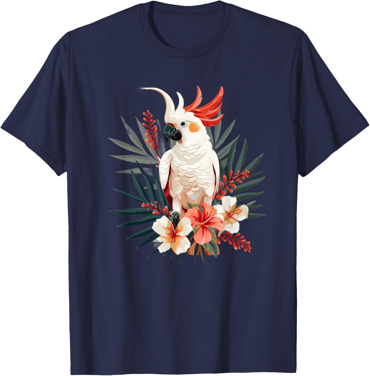 Moluccan Cockatoo With Tropical Flowers T-Shirt - T-Shirt | Navy