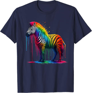 Zebra Rainbow Painted Dripping Zebra Lovers Cute Zoo Animal T-Shirt - T-Shirt | Navy