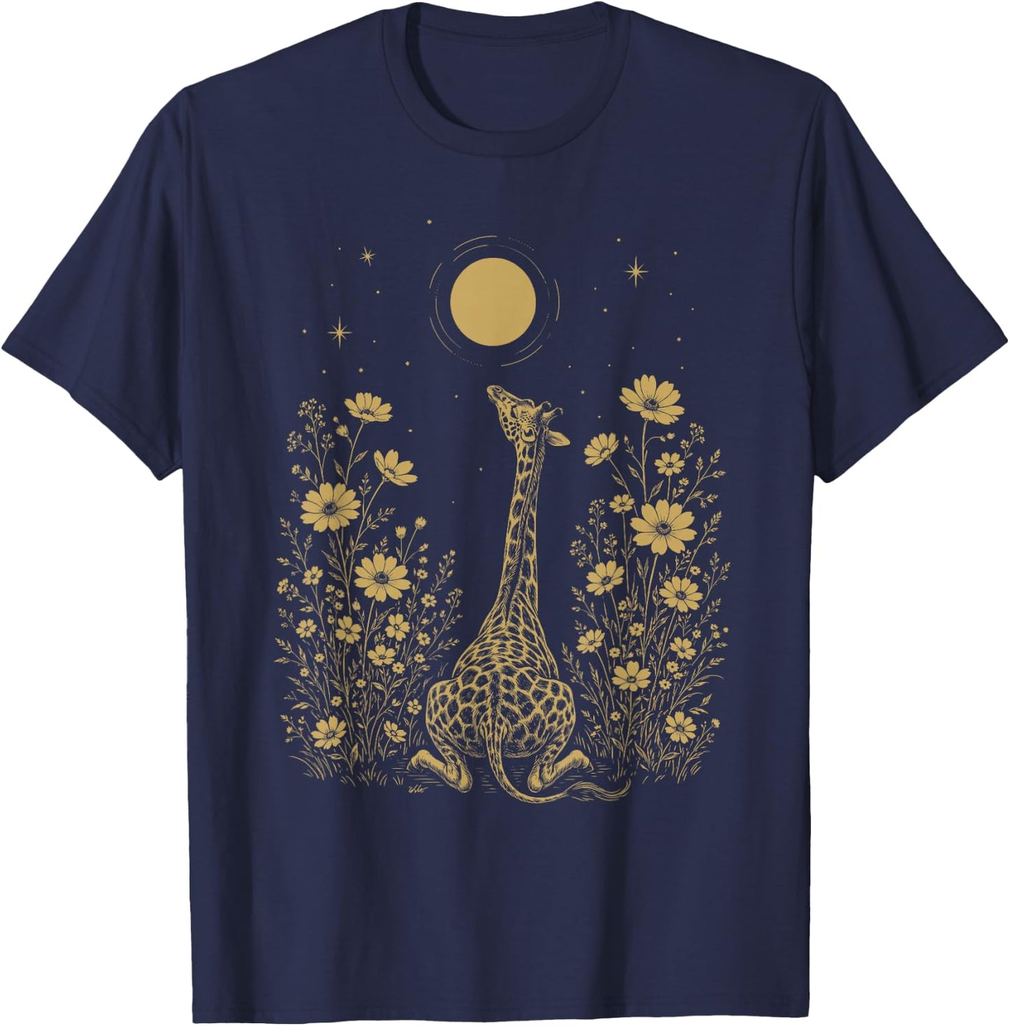 Giraffe Moon Night Flower Minimalist Boho Lover T-Shirt - T-Shirt | Navy