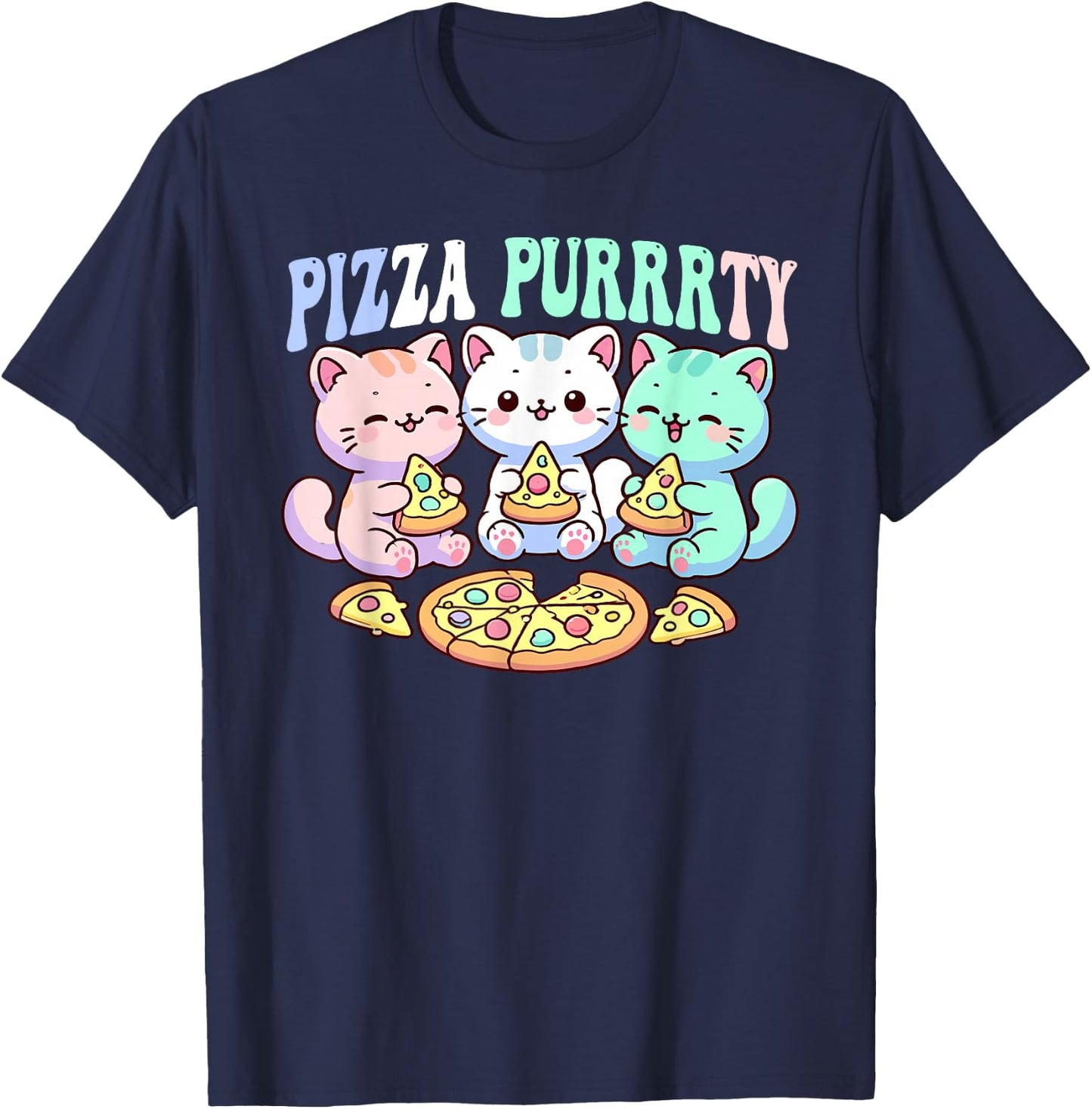 Cat pizza cute kawaii cats eating pizza purrrrty fun pastel T-Shirt - T-Shirt | Navy