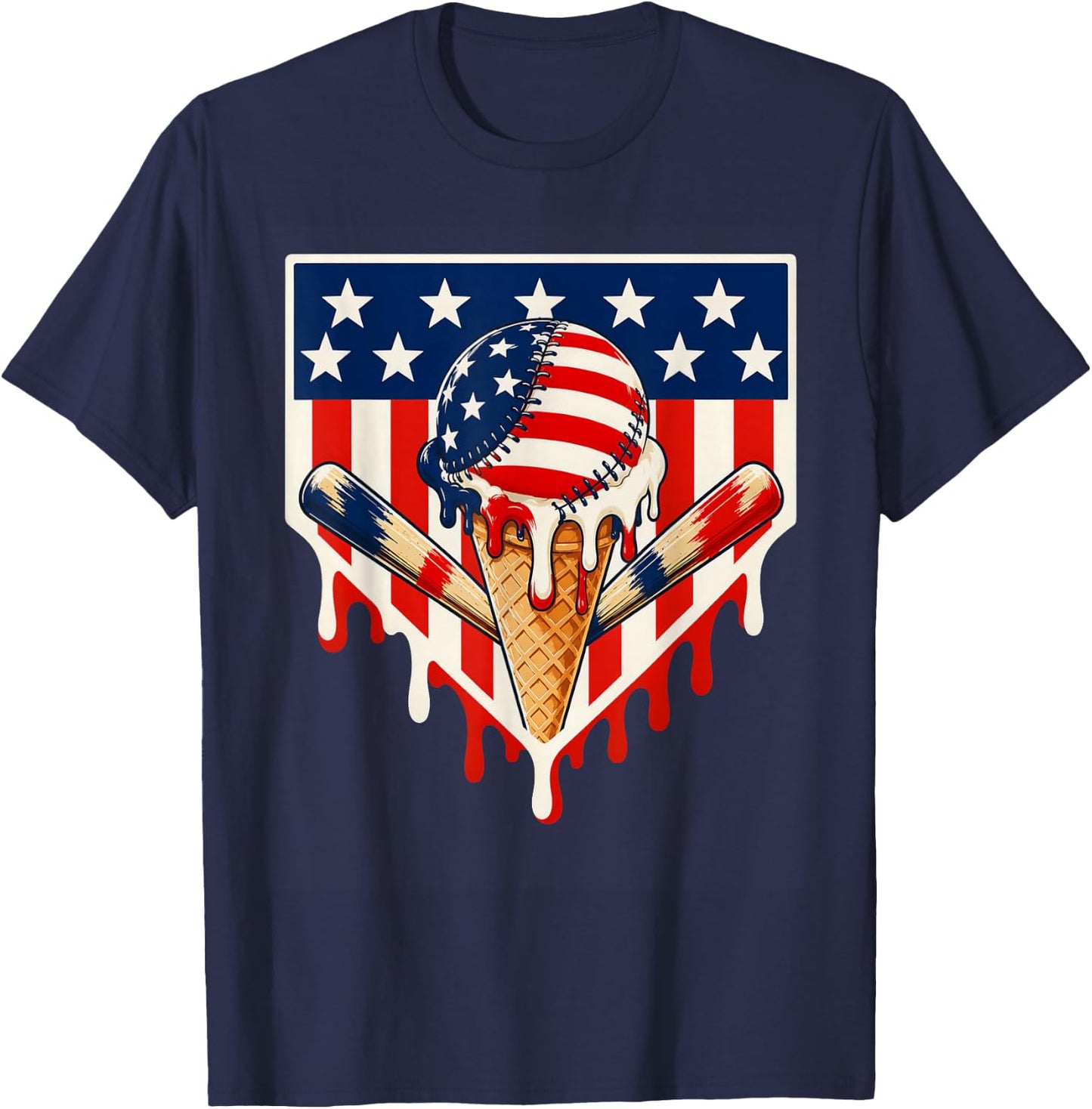 Baseball Ice Cream Drip Crossed Bats USA Flag 4th of July T-Shirt - T-Shirt | Navy