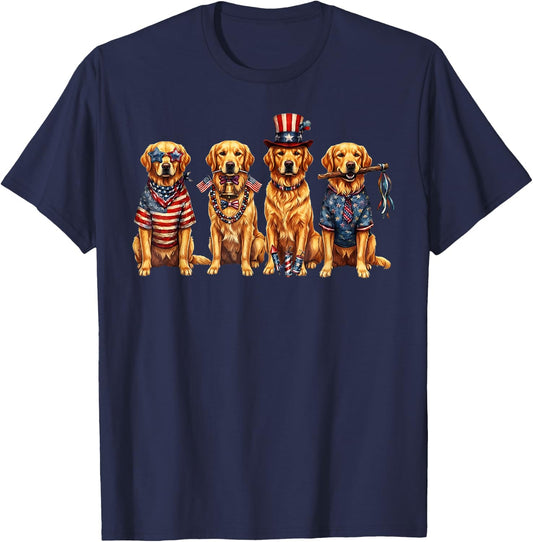 Four Golden Retriever Dogs Patriotic American Flag T-Shirt - T-Shirt | Navy