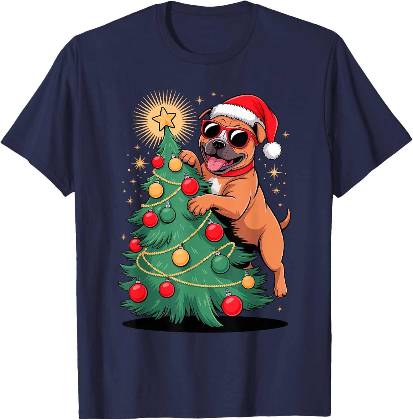 Christmas Tree Staffordshire Bull Terrier Sunglasses Staffy T-Shirt - T-Shirt | Navy