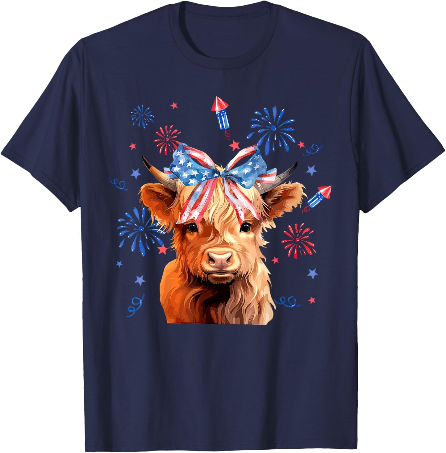 Coquette Highland Cow 4th Of July Patriotic Cute Animal T-Shirt - T-Shirt | Navy