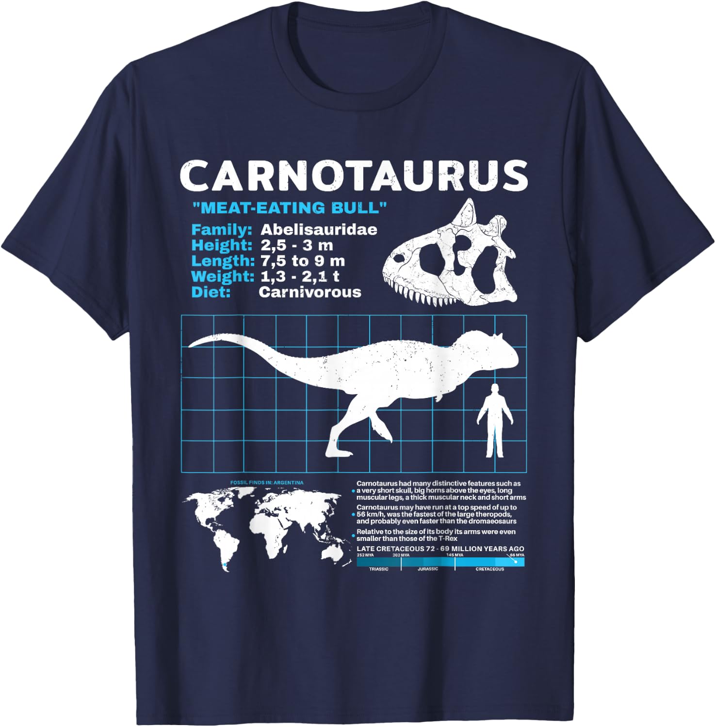 Carnotaurus Fact Sheet Datenblatt Dinosaurier Fakten T-Shirt - T-Shirt | Navy