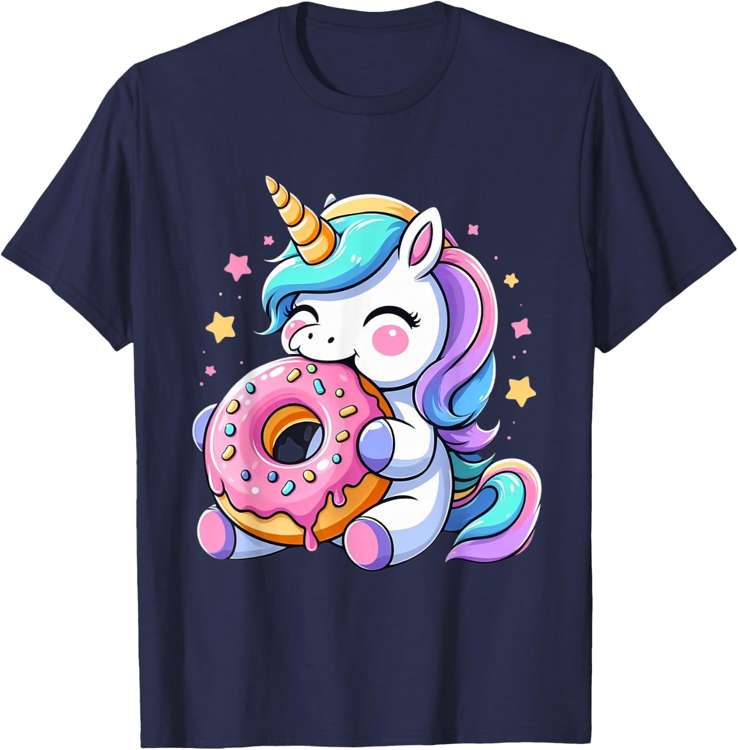 Cute Hungry Unicorn Eating Donut Boys Girls Men Women Kids T-Shirt - T-Shirt | Navy