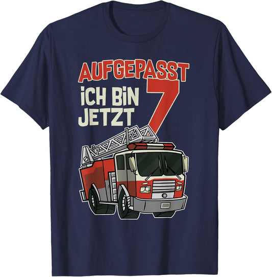 Feuerwehrauto Geburtstag Aufgepasst ich bin jetzt 7 T-Shirt - T-Shirt | Navy
