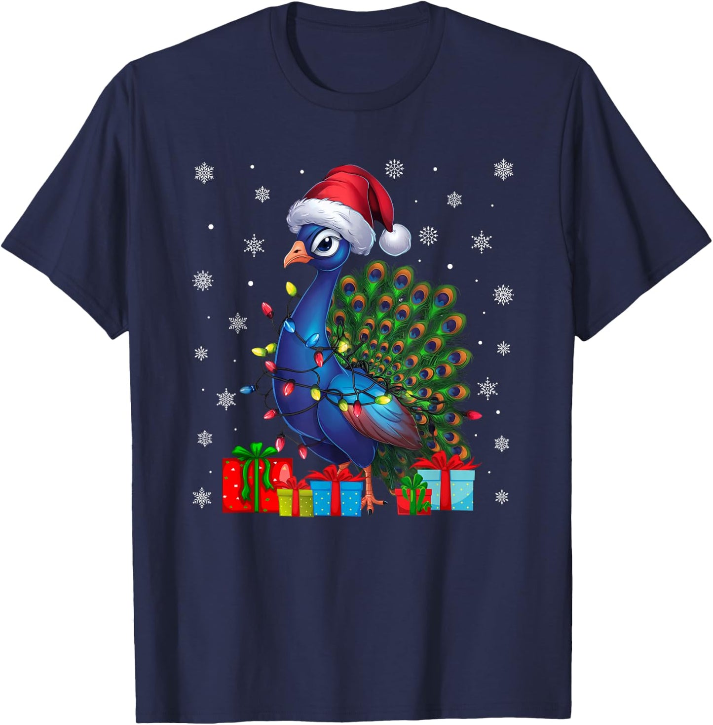 Peacock Ugly Xmas Lights Santa Hat Peacock Christmas T-Shirt - T-Shirt | Navy