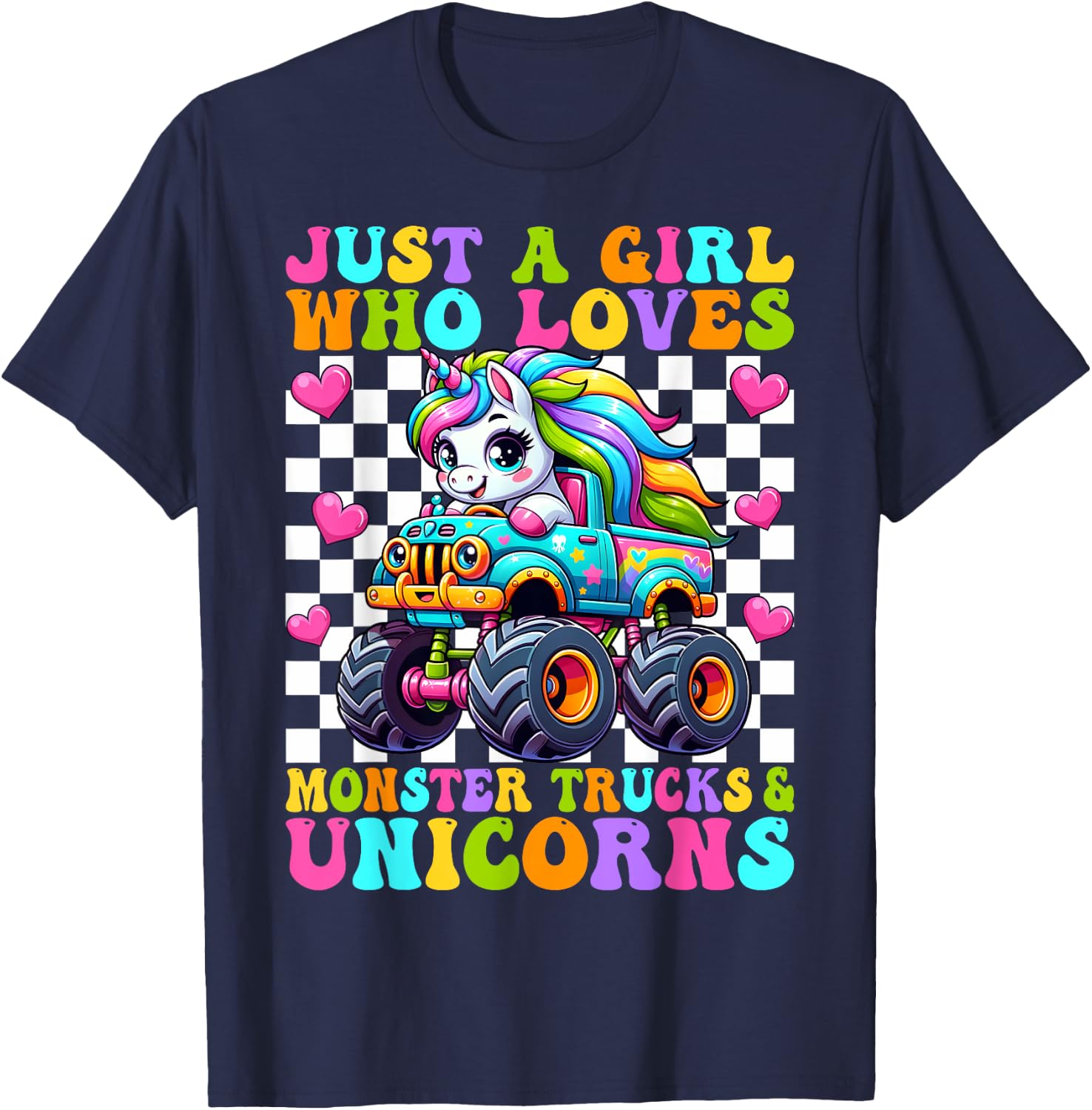Just a Girl Who Loves Monster Trucks and Unicorns Girls T-Shirt - T-Shirt | Navy