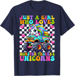 Just a Girl Who Loves Monster Trucks and Unicorns Girls T-Shirt - T-Shirt | Navy