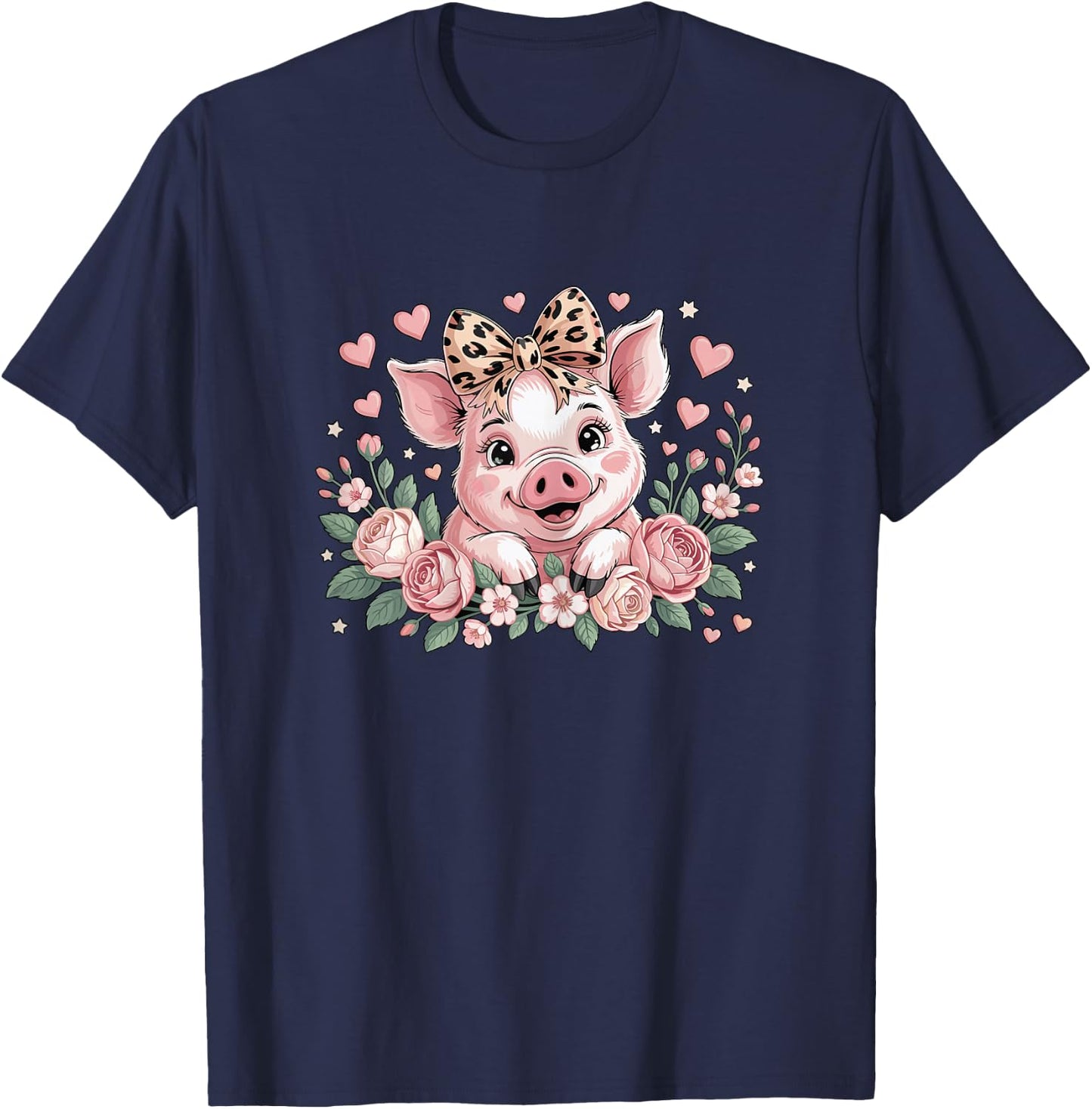 Pig With Leopard Headband Flower Cute Pig Lover Girls Kids T-Shirt - T-Shirt | Navy