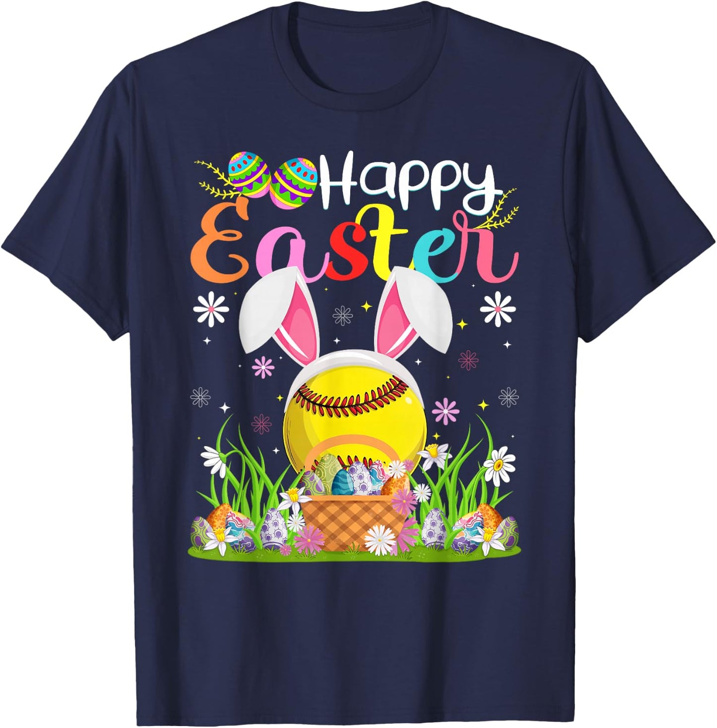 Softball Player Easter Egg Hunt Bunny Ear Softball Easter T-Shirt - T-Shirt | Navy