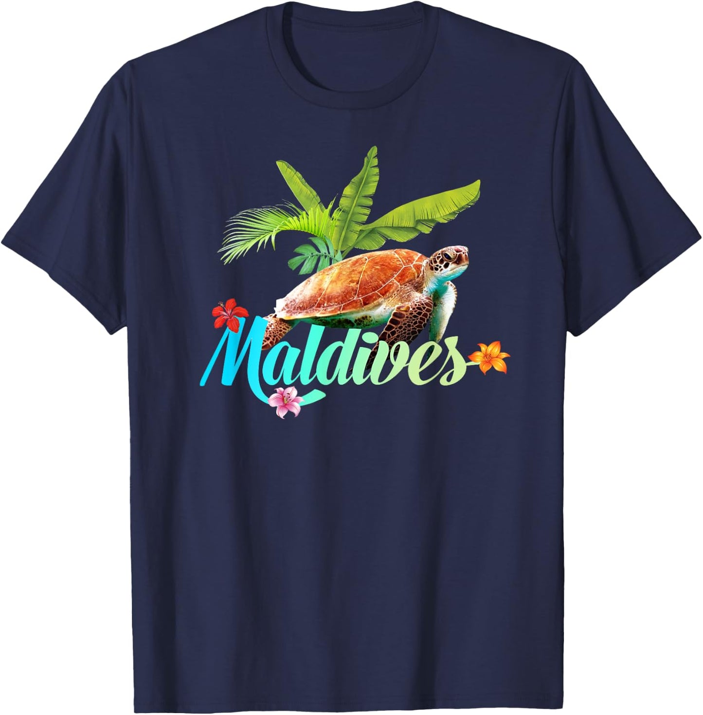 Maldives Sea Turtle Hibiscus Island Gift Beach Souvenir Palm T-Shirt - T-Shirt | Navy