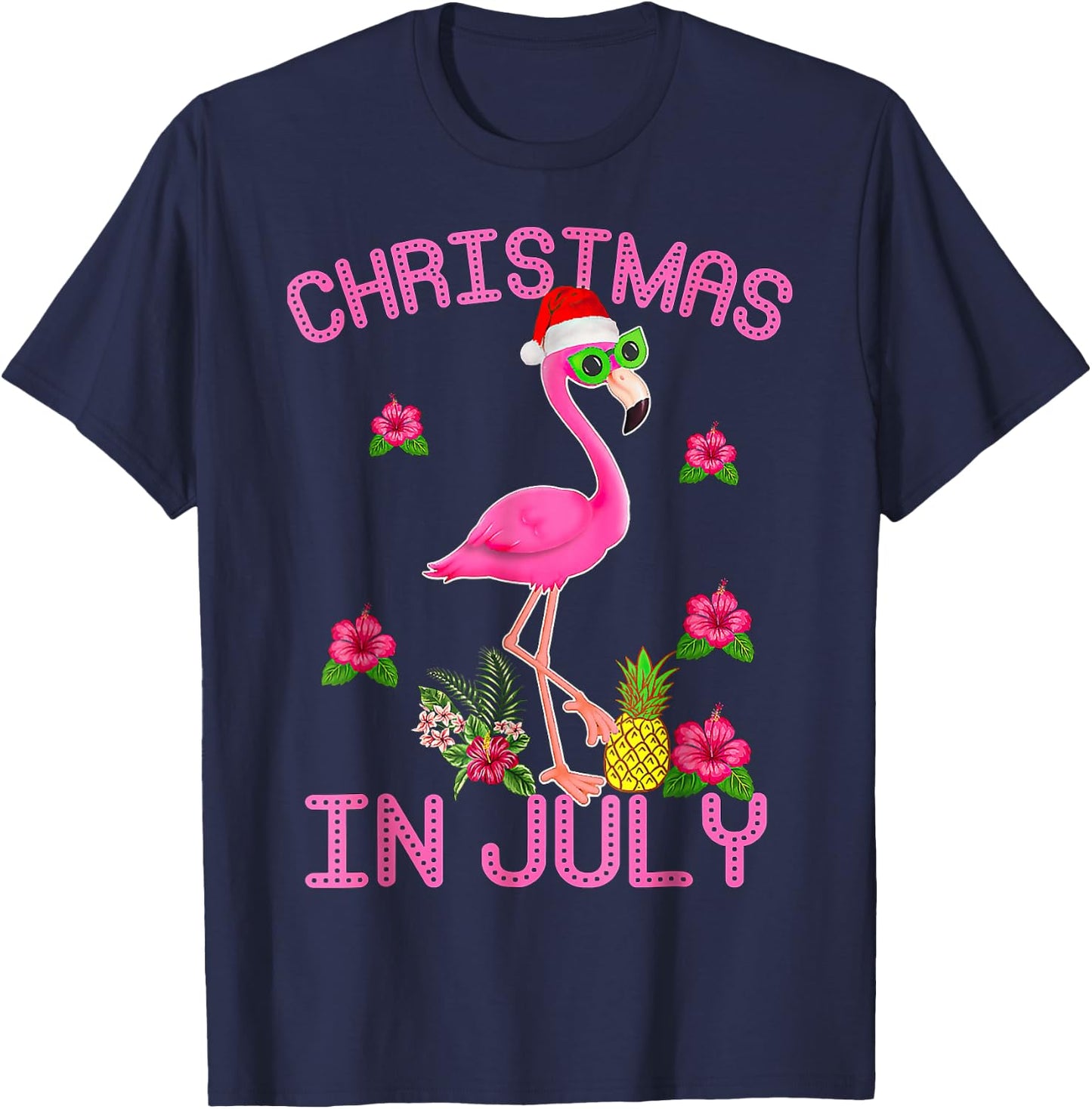 Christmas In July Pink Flamingo T-Shirt - T-Shirt | Navy