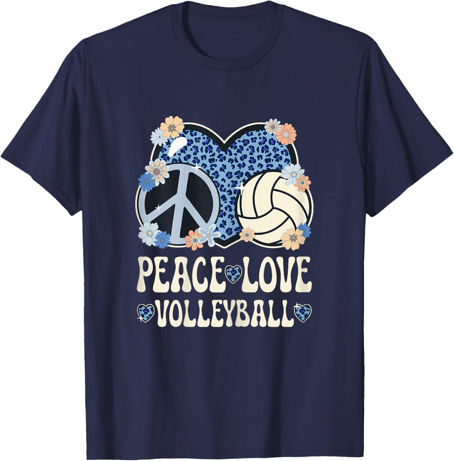 Peace Love Volleyball Lover Leopard Print Women Volleyball T-Shirt - T-Shirt | Navy