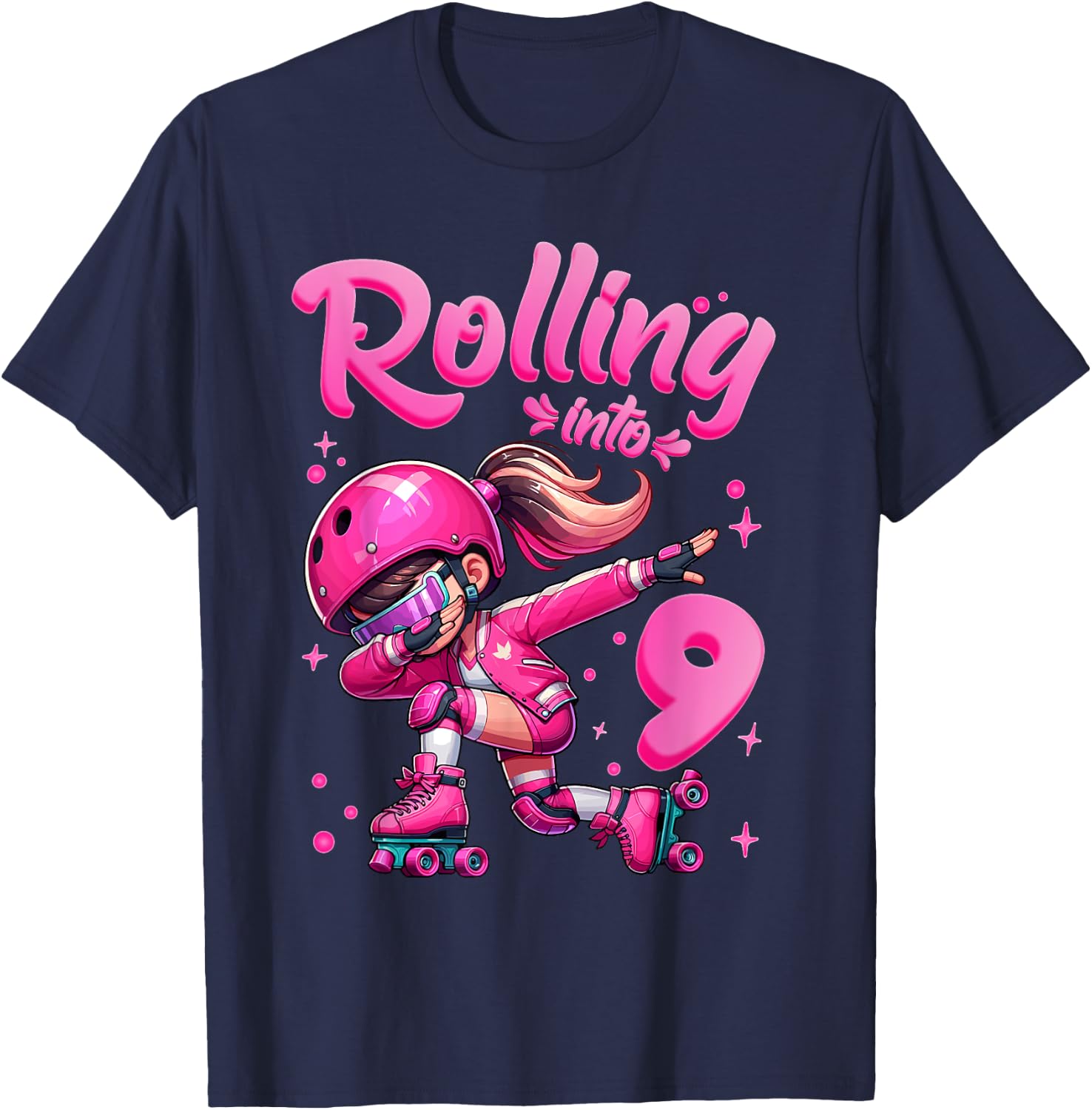 Roller Skating Girl Birthday Kids 9th Birthday Party T-Shirt - T-Shirt | Navy