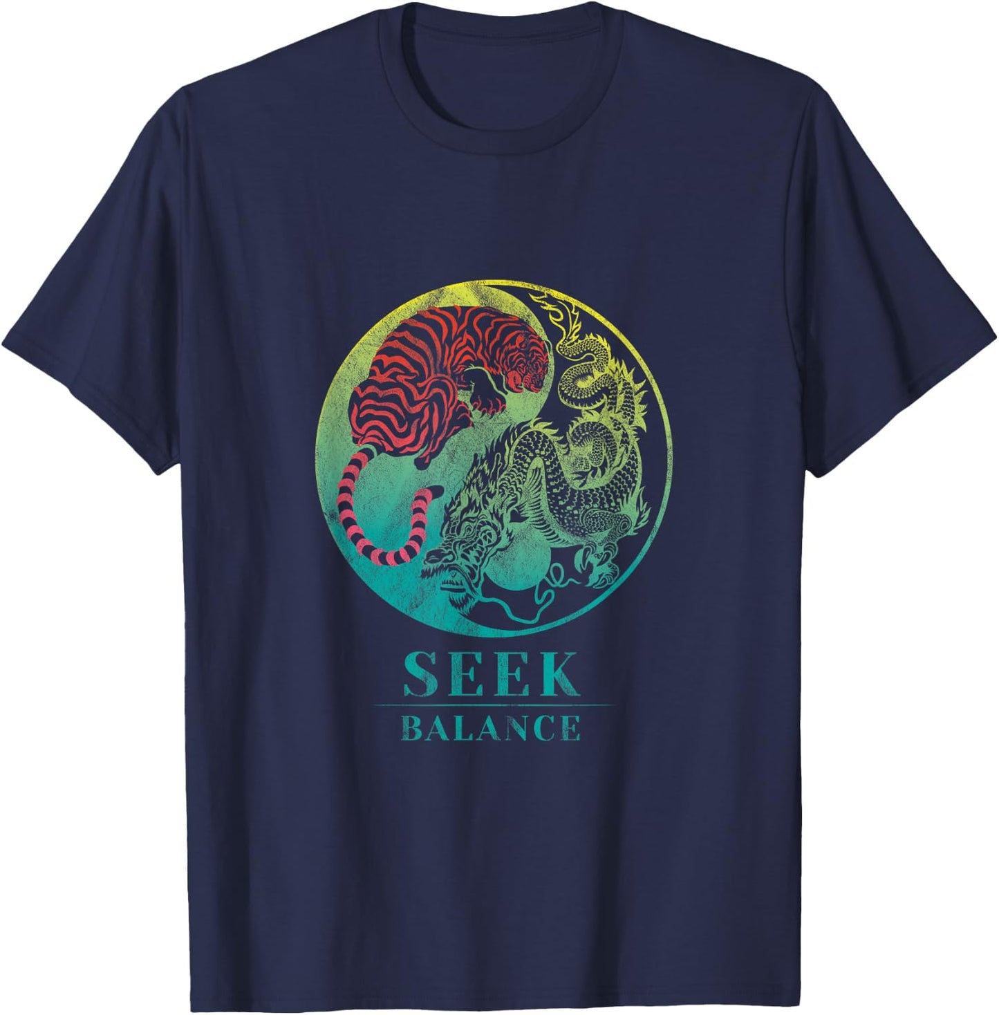 Yin Yang Symbol Dragon Tiger Seek Balance Male Female T-Shirt - T-Shirt | Navy