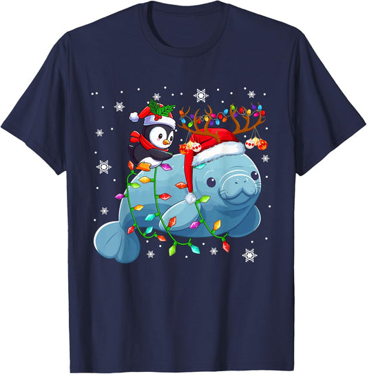 Santa Penguin Riding Reindeer Manatee Christmas Sea Animals T-Shirt - T-Shirt | Navy