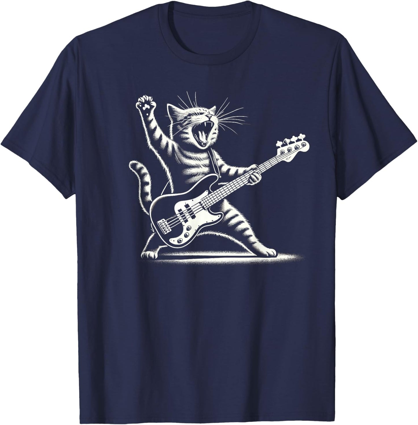 Rock Cat with Electric Bass Guitar Four Sides Bass Player , Black, S T-Shirt - T-Shirt | Navy