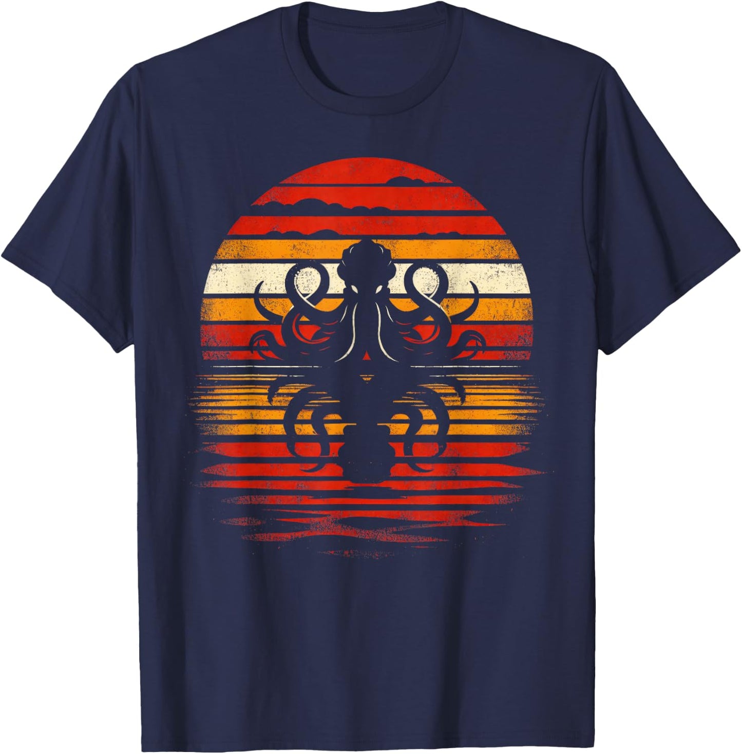 Octopus Sunset Retro Style Safari Vintage 70s Octopus T-Shirt - T-Shirt | Navy