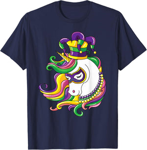 Jester Rainbow Unicorn design Mardi Gras Mask Costume T-Shirt - T-Shirt | Navy