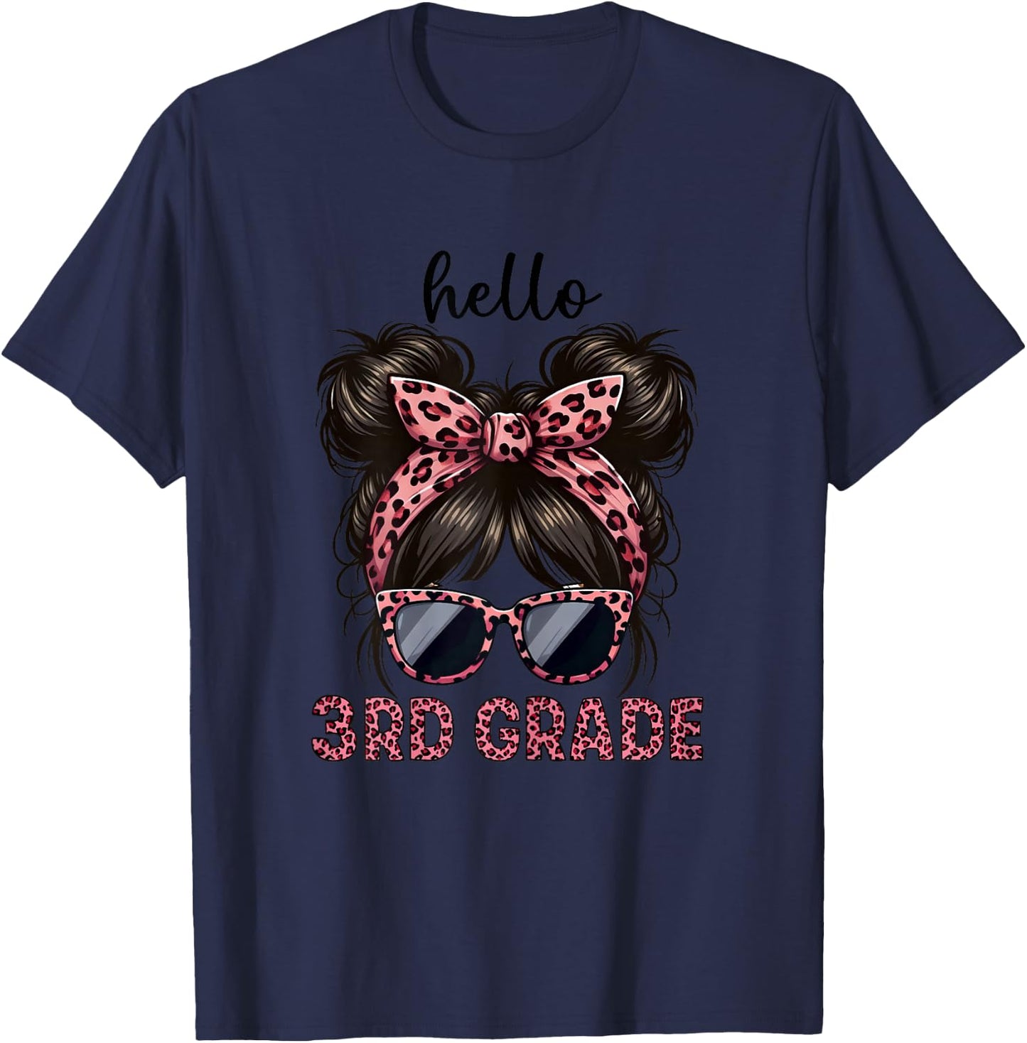 Hello 3rd Grade Messy Hair Bun Girl Leopard Back To School T-Shirt - T-Shirt | Navy