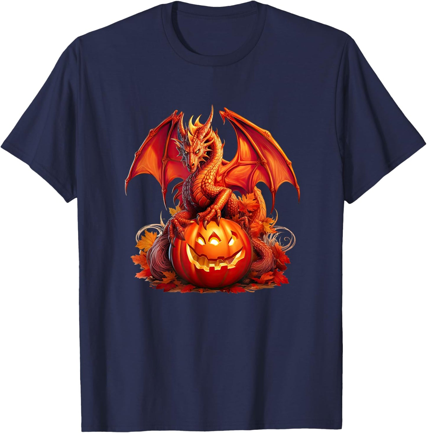 Halloween Dragon Guardian of the Pumpkin, Autumn Silhouette T-Shirt - T-Shirt | Navy