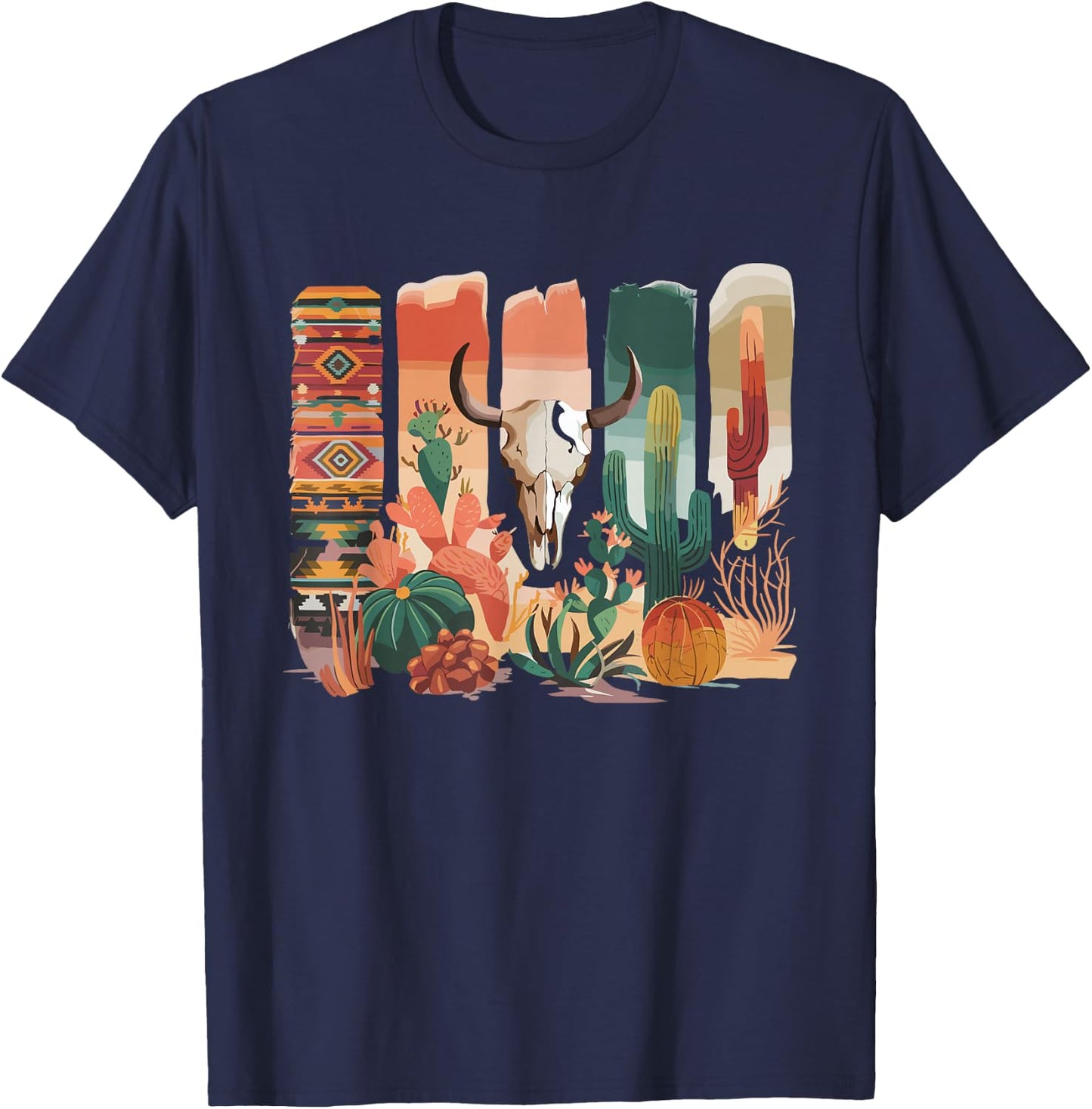 Boho Cow Skull Bohemian Floral Cow Skull T-Shirt - T-Shirt | Navy