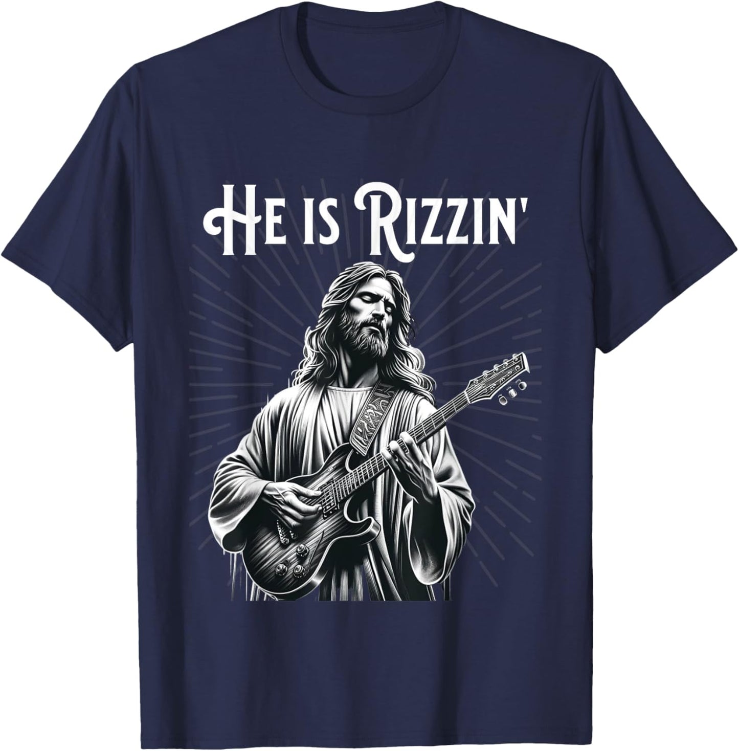 Funny Rizz Rif He is Rizzin Jesus Playing Guitar T-Shirt - T-Shirt | Navy