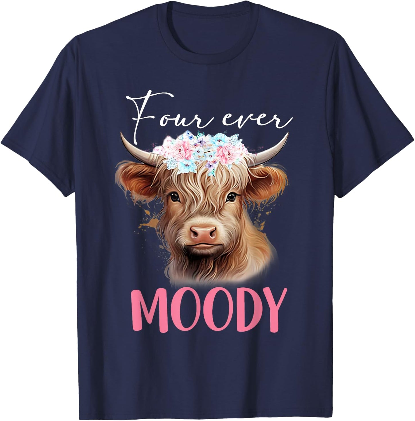 Four Ever Moody Birthday for Girls Floral Highland Cow Print T-Shirt - T-Shirt | Navy
