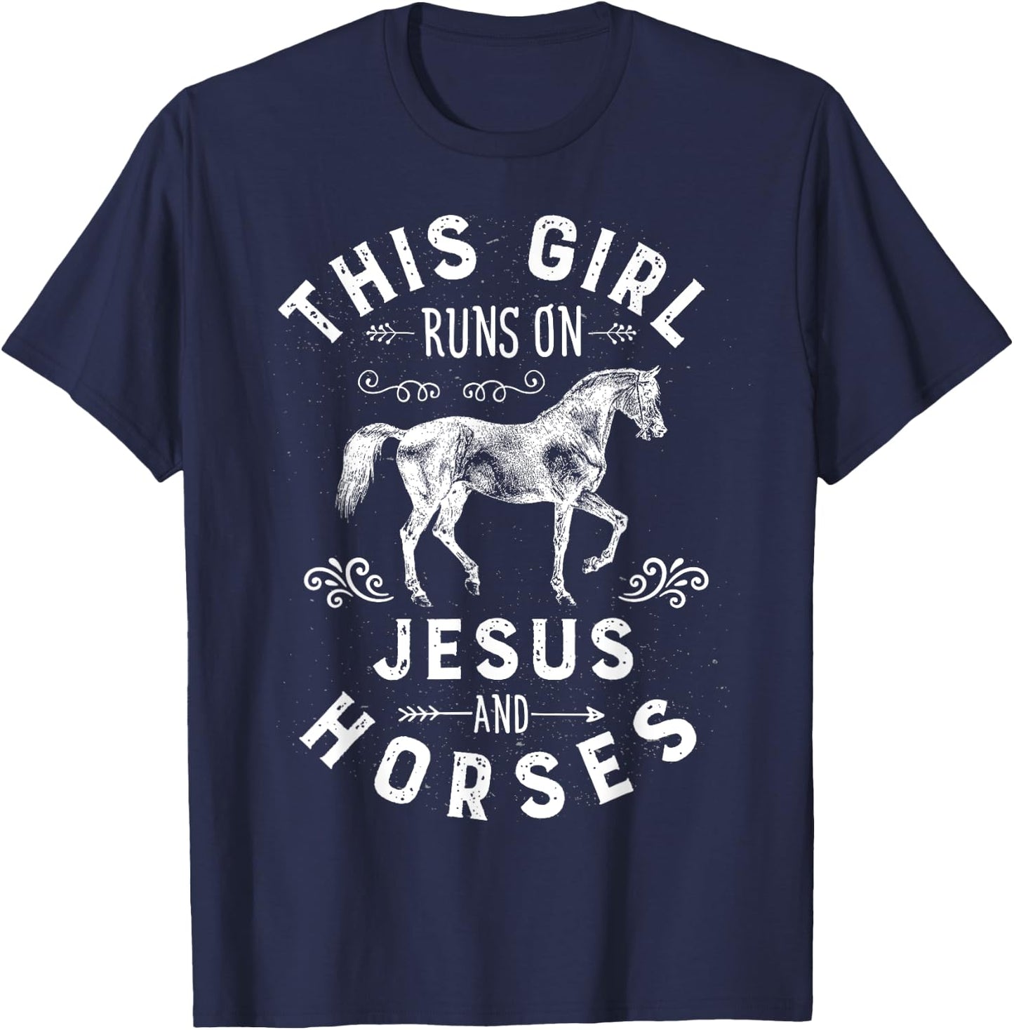 This Girl Runs On Jesus And Horses Horse Riding Equestrian T-Shirt - T-Shirt | Navy