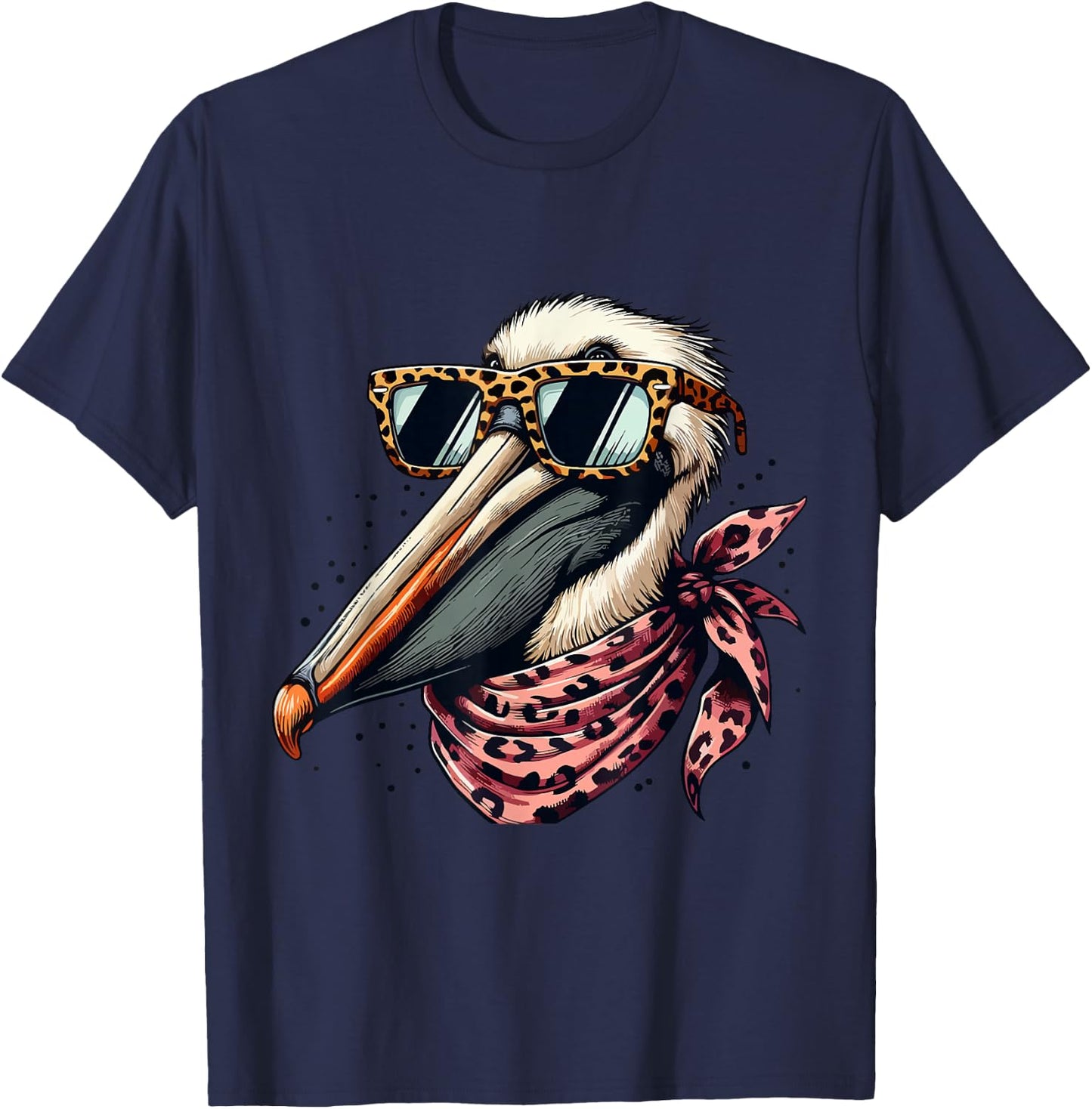 Pelican Wearing Leopard Scarf Animal Wearing Sunglasses T-Shirt - T-Shirt | Navy