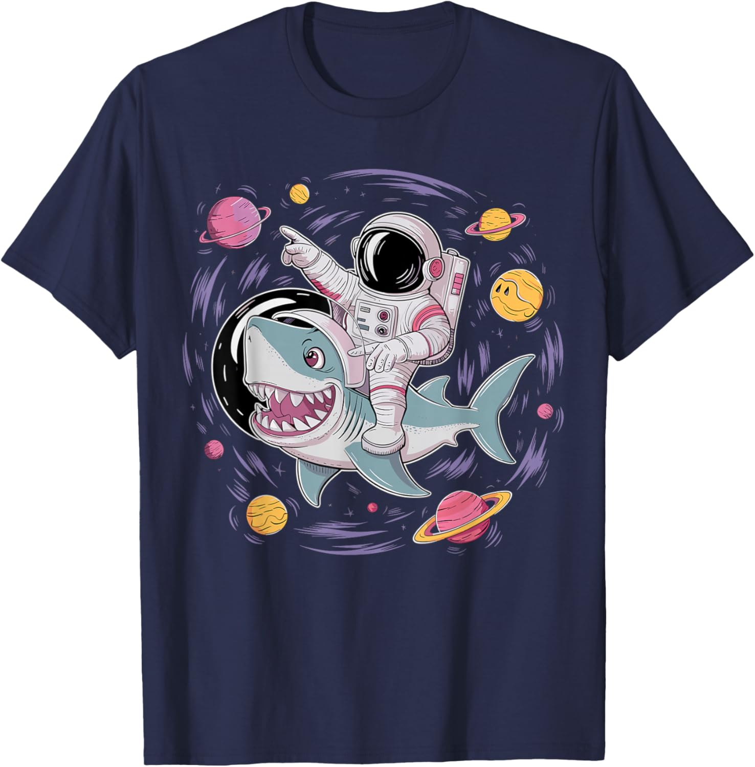 Astronaut Riding Shark Birthday Party in Outer Space T-Shirt - T-Shirt | Navy