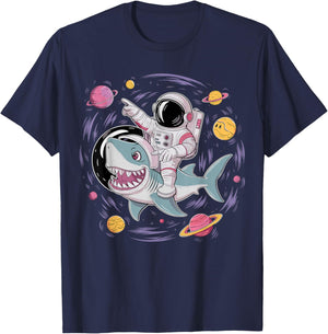 Astronaut Riding Shark Birthday Party in Outer Space T-Shirt - T-Shirt | Navy