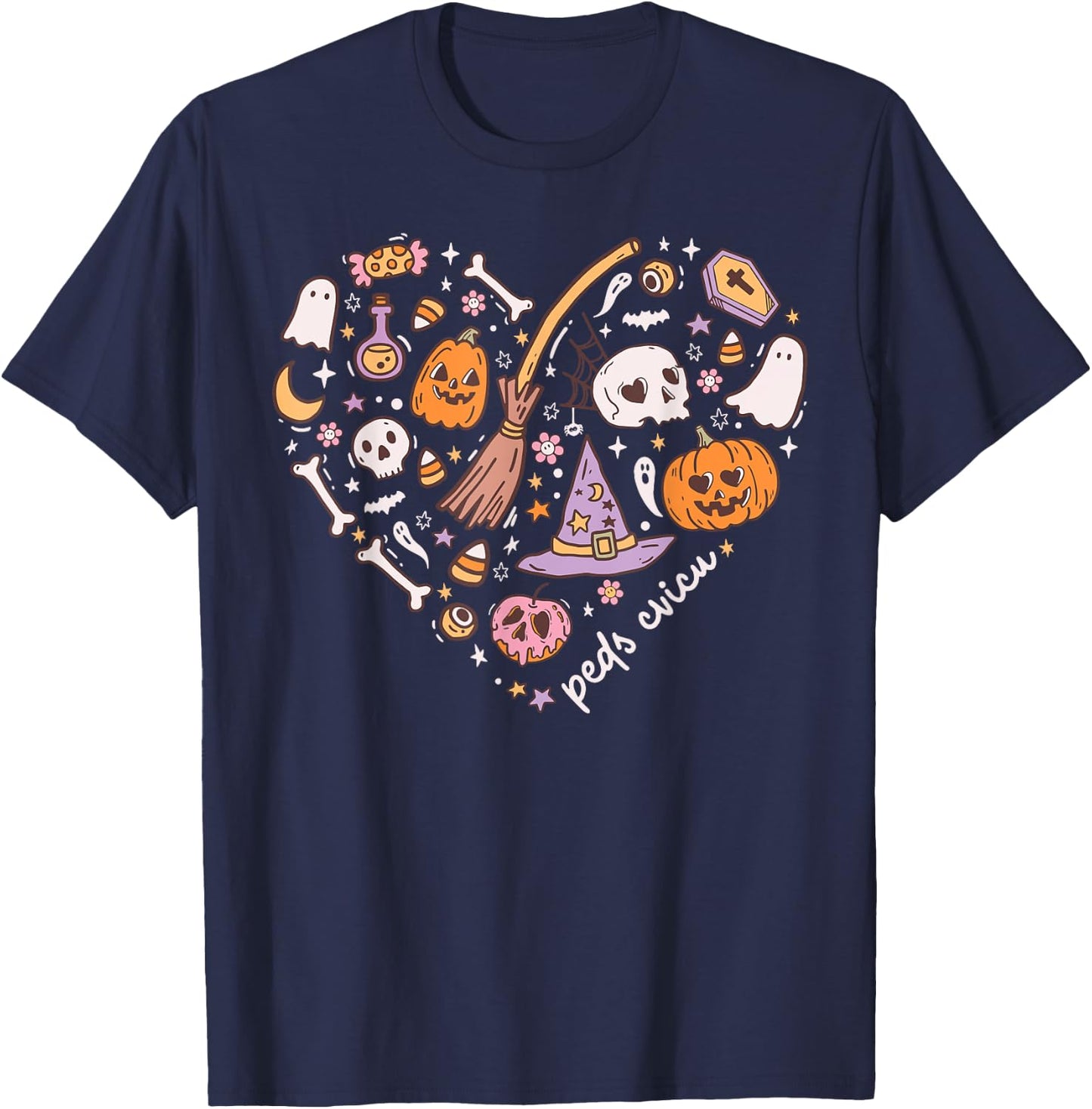 Cute PEDS CVICU Heart Halloween Pediatric Cardiac ICU Nurse T-Shirt - T-Shirt | Navy