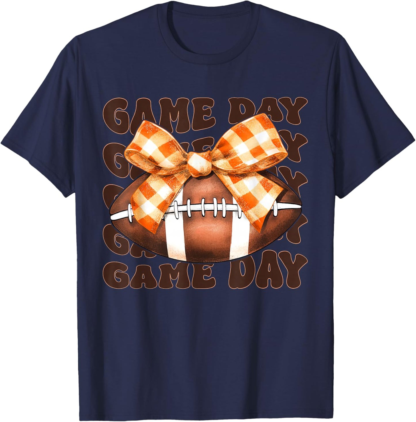Football Autumn Fall Orange Checkered Ribbon Bow Game Day T-Shirt - T-Shirt | Navy