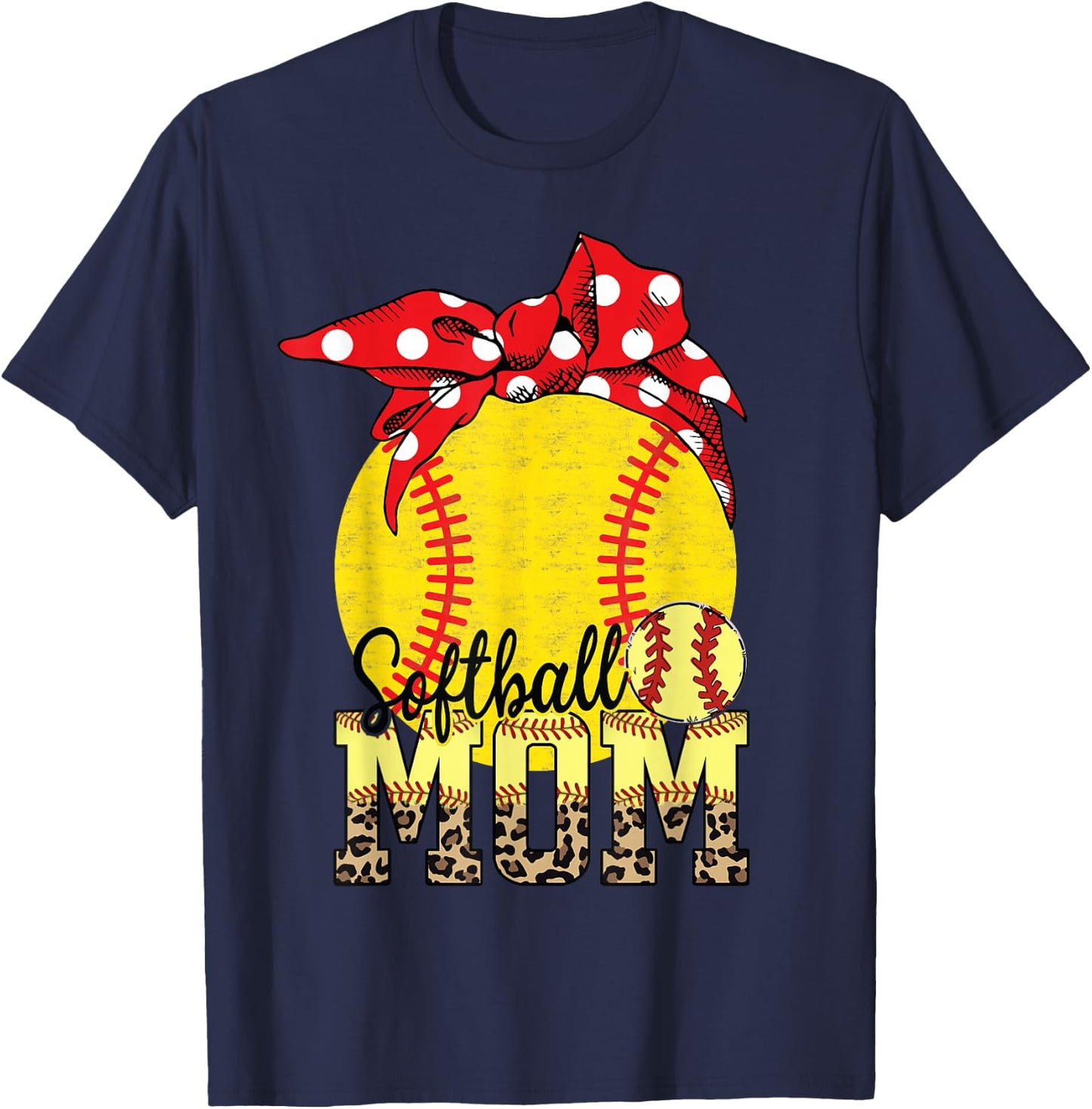Softball Mom Messy Bun Leopard Softball Mothers Day T-Shirt - T-Shirt | Navy