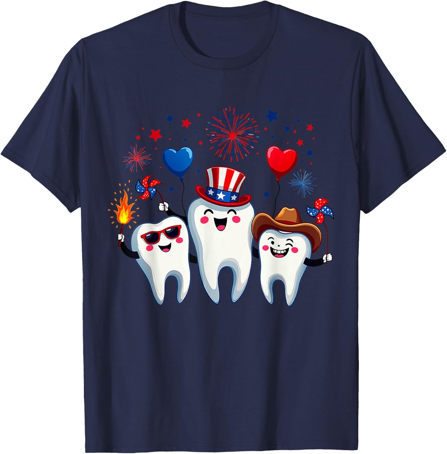 Three Teeth 4th Of July US Flag Firework Dentist Dental Team T-Shirt - T-Shirt | Navy