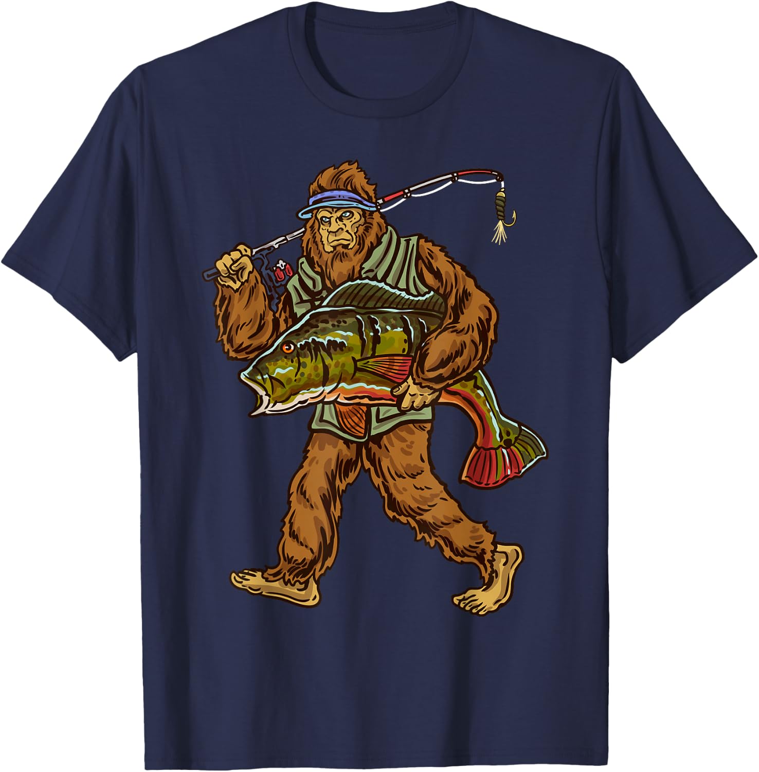 Peacock Fishing Bigfoot Bass Fisherman T-Shirt - T-Shirt | Navy