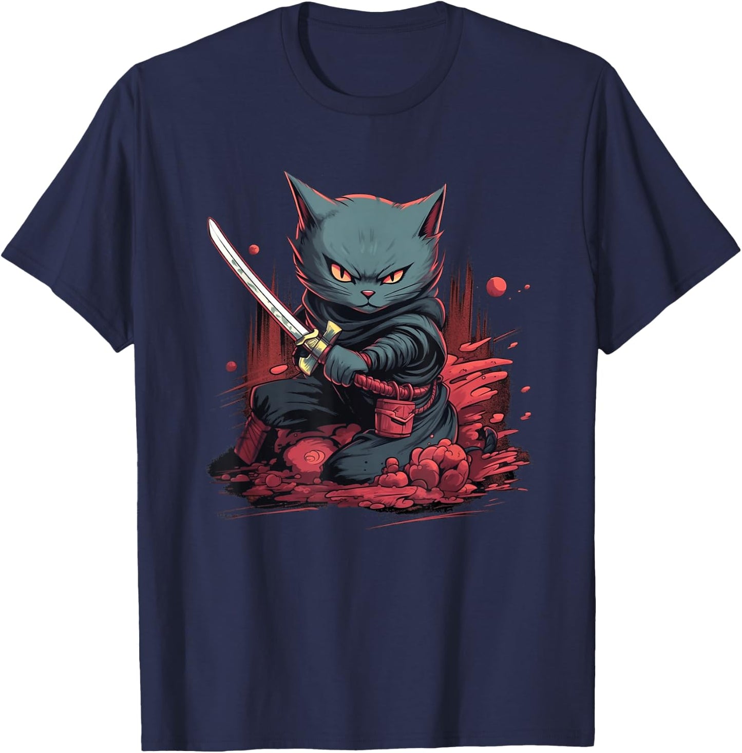 Vintage Japanese Samurai Ninja Cat Tattoo Kawaii T-Shirt - T-Shirt | Navy