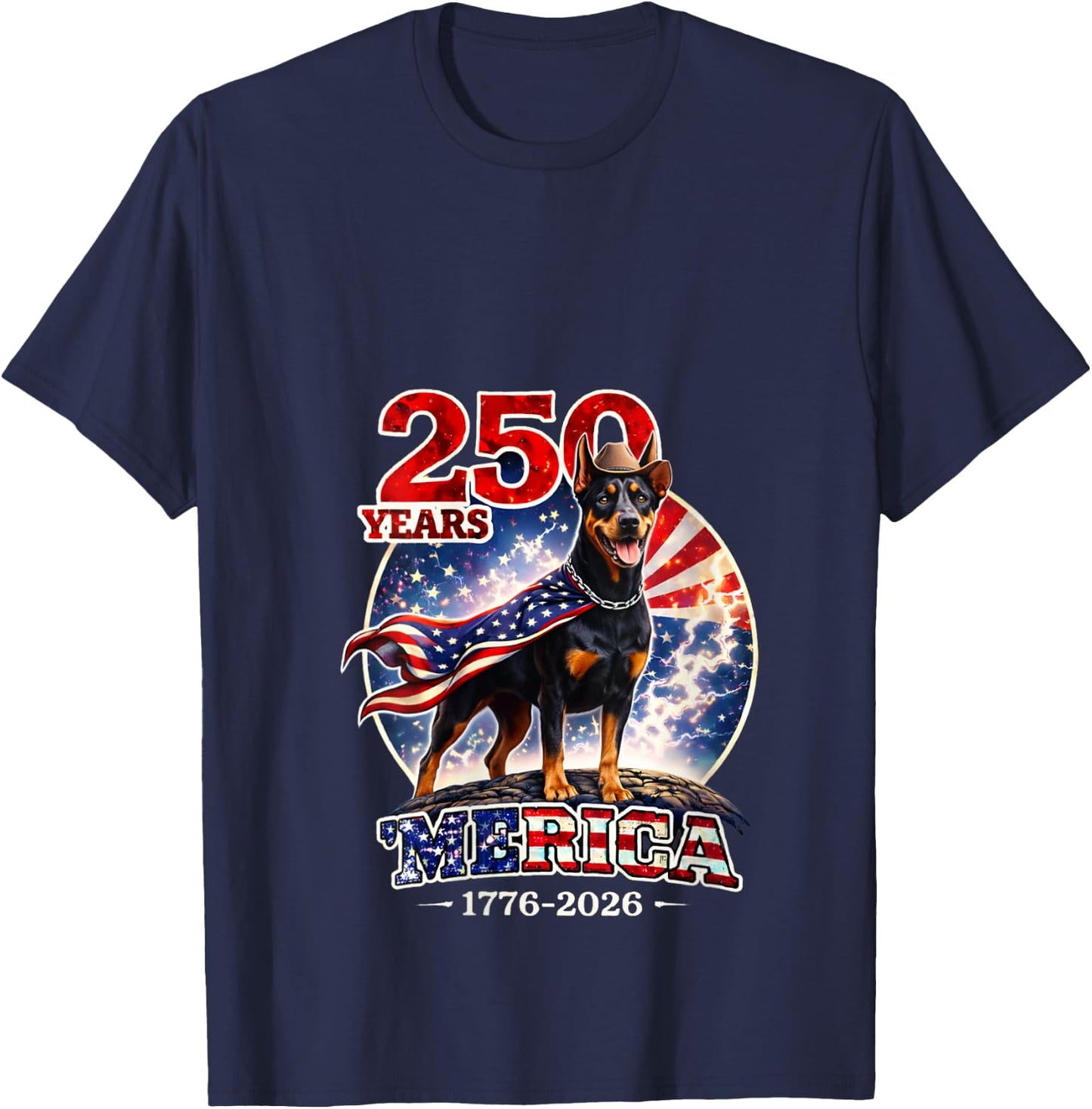 Women's 250 Years of Freedom Doberman Pinscher Dog 1776-2026 4th of V-Neck T-Shirt - T-Shirt | Navy
