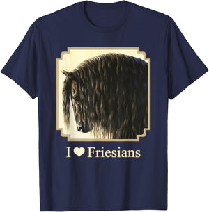 I Love Heart Black Friesian Horses Horse Lover Gift T-Shirt - T-Shirt | Navy