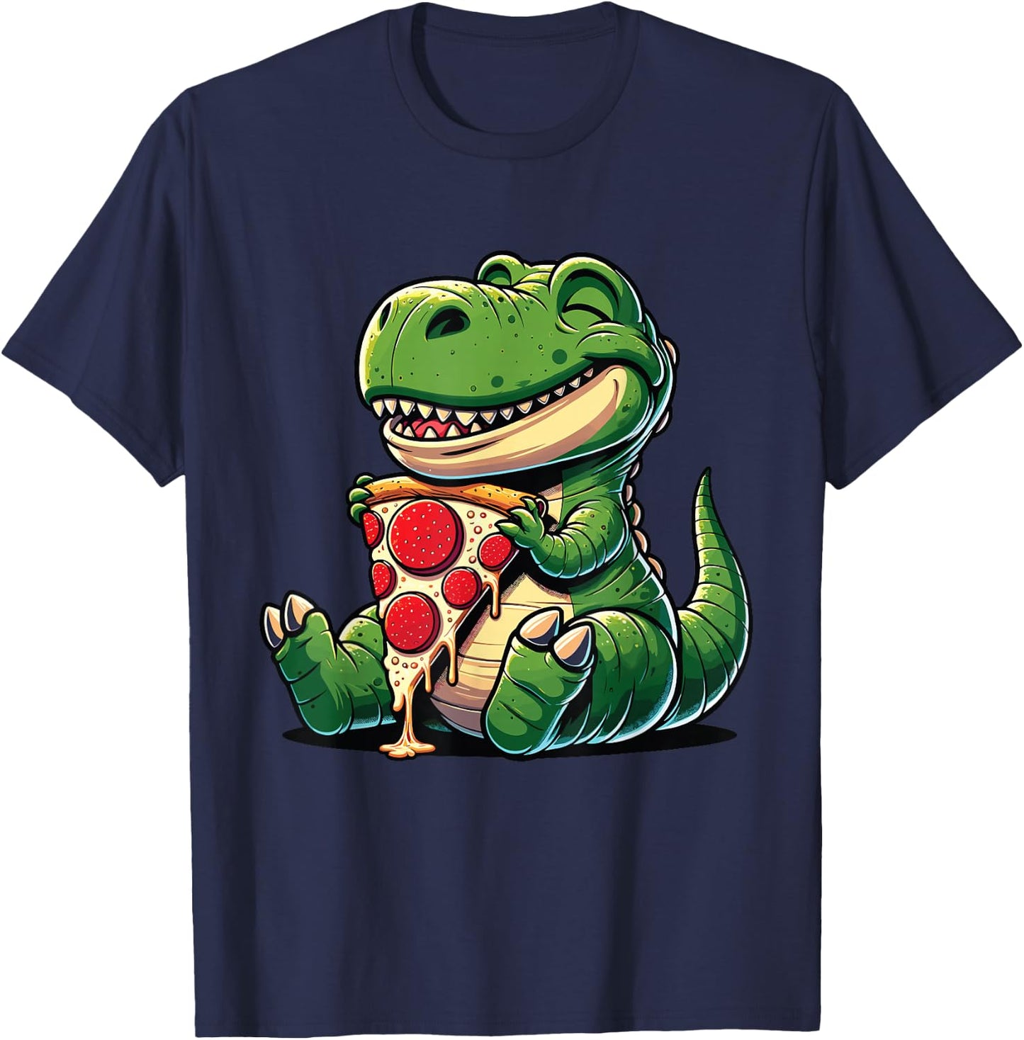 Funny Dinosaur Eating Pizza Graphic Boys Girls Women Kids T-Shirt - T-Shirt | Navy