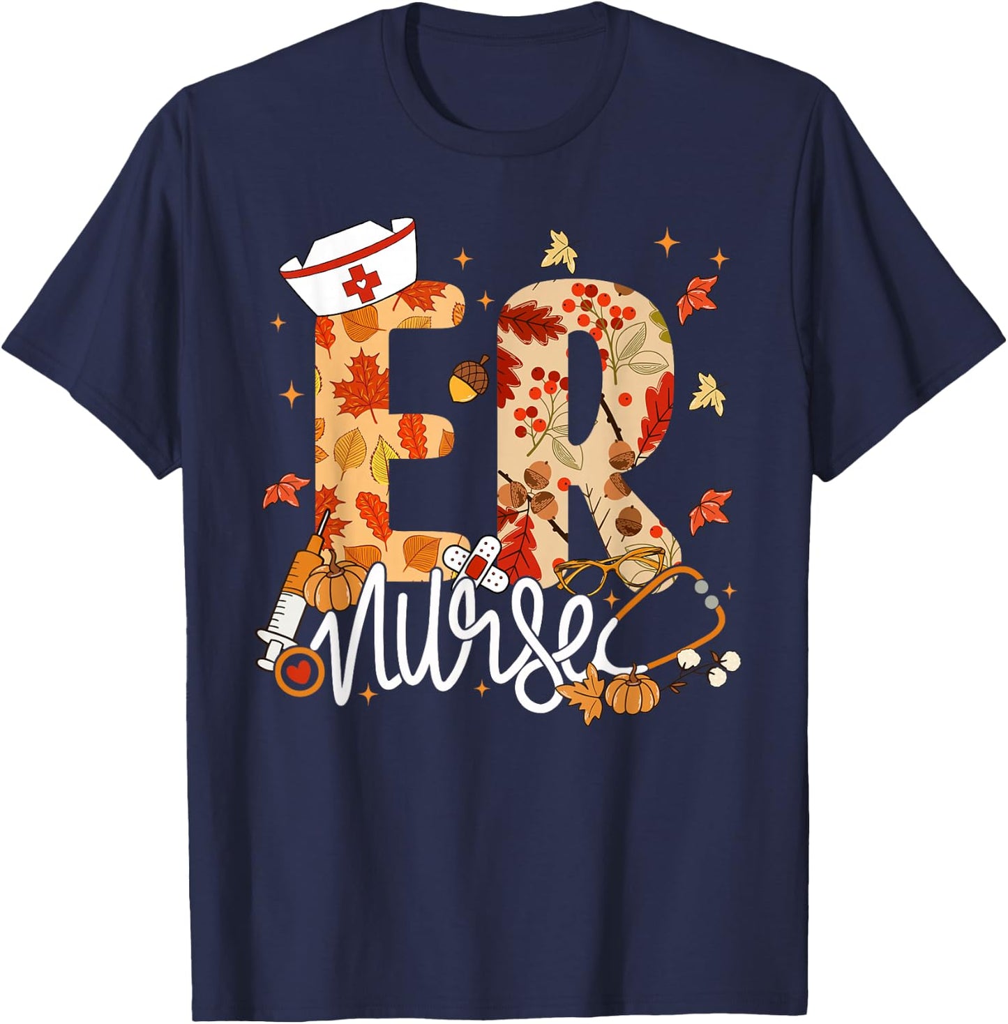 Stethoscope ER Nurse Fall Yall Autumn Leaves Thanksgiving T-Shirt - T-Shirt | Navy