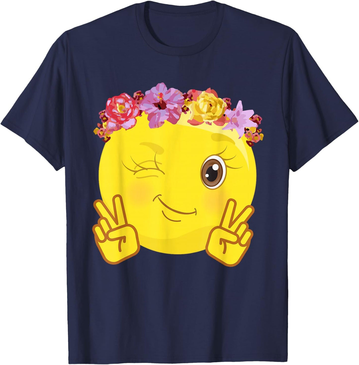 Peace Emoticon Winking Flower Crown T-Shirt - T-Shirt | Navy
