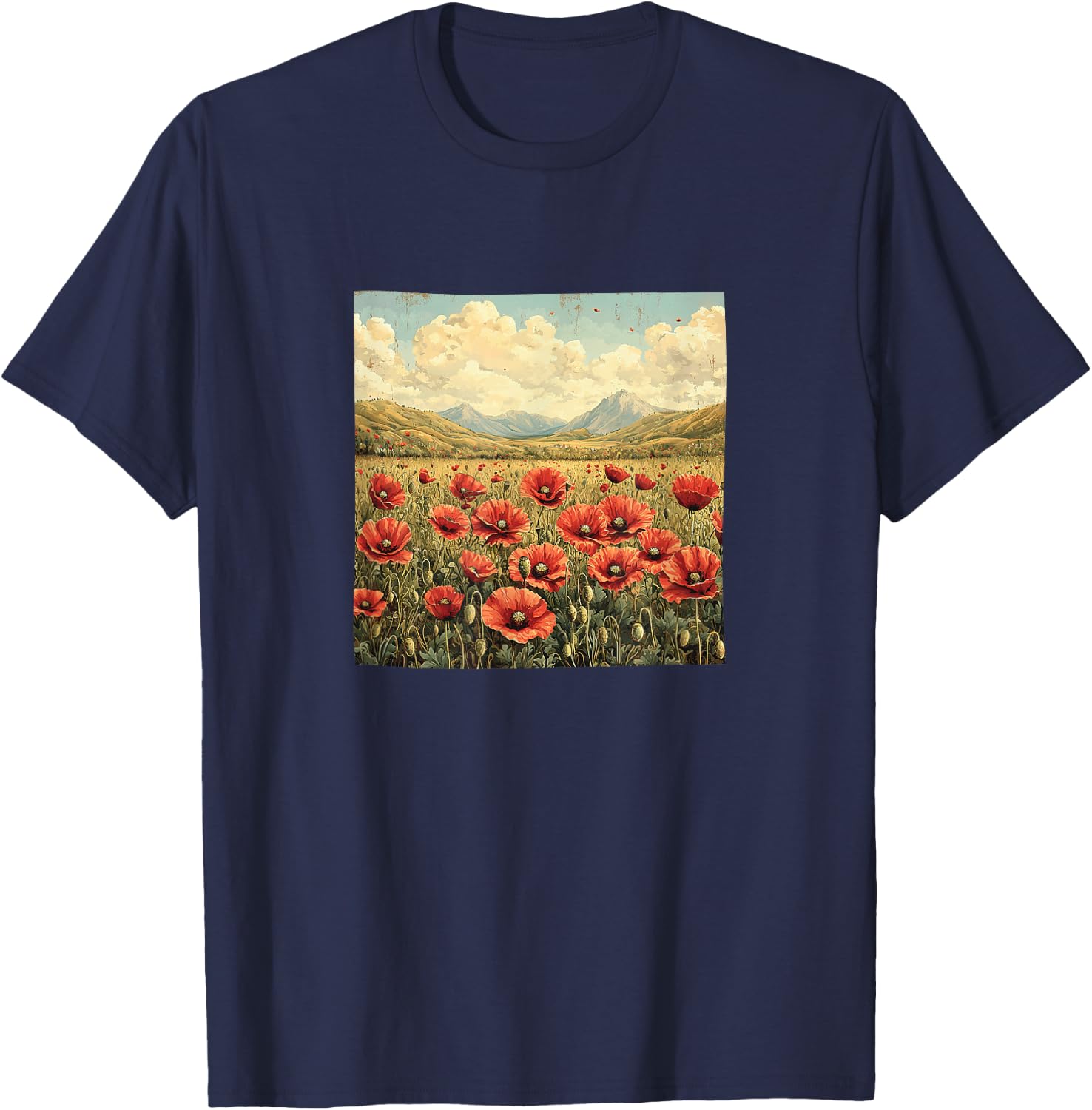 Vintage Landscape with Poppies T-Shirt - T-Shirt | Navy