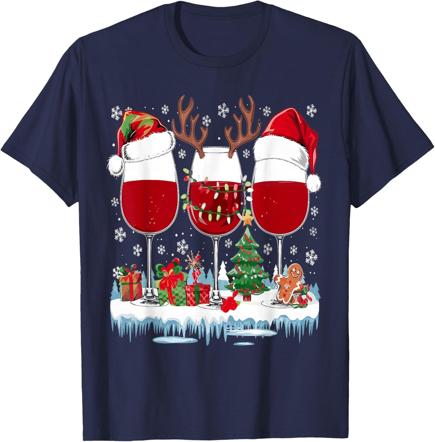 Santa Hat Funny Wine Glass Santa Hat Women , Black, S T-Shirt - T-Shirt | Navy