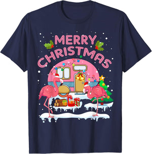 Flamingo Pink Camping Car Christmas Tree Merry Christmas T-Shirt - T-Shirt | Navy