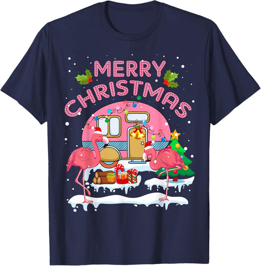 Flamingo Pink Camping Car Christmas Tree Merry Christmas T-Shirt - T-Shirt | Navy